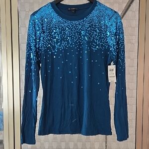 INC International Concepts Teal Sequin Long Sleeve Top